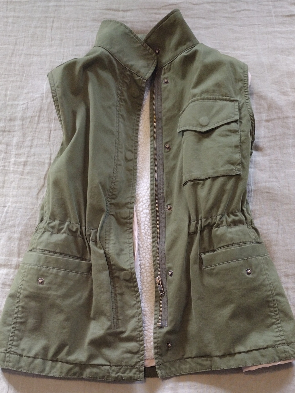 J. Crew Olive Green Sleeveless Utility Vest with Removable Sherpa Trim Size XS